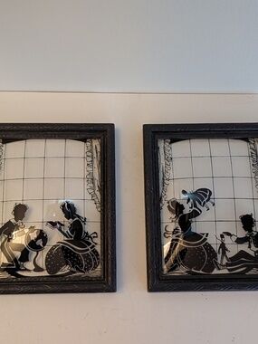 Vintage Framed reverse painting silhouette children at play convex glass (2)